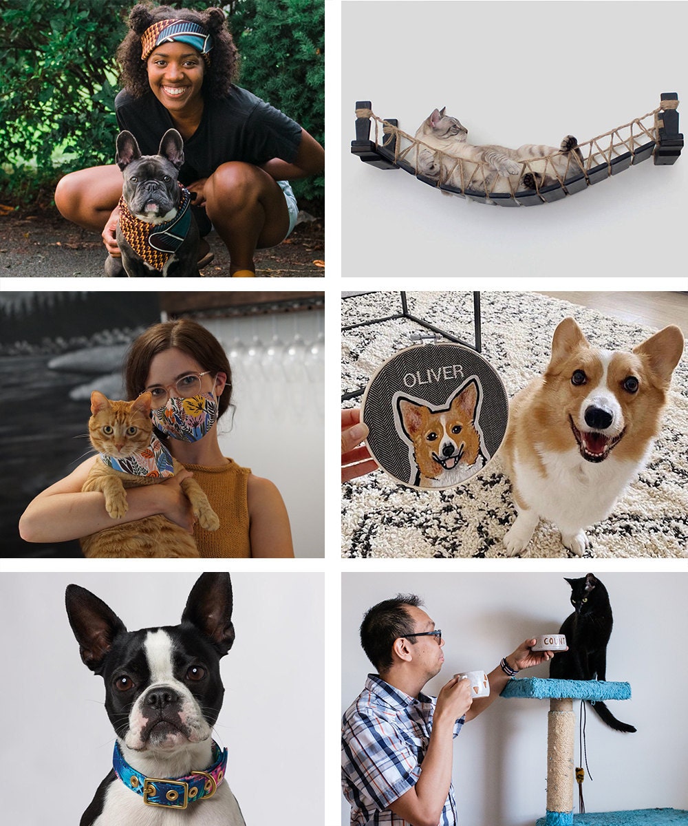 A collage of pet accessories and gifts available on Etsy.