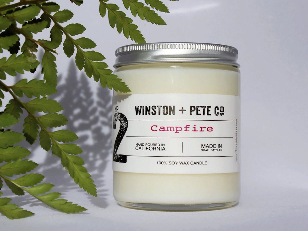 Campfire scented candle from Winston and Pete Co. on Etsy