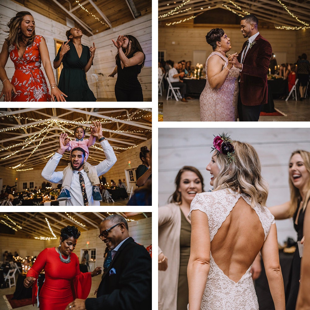 A collage of guests dancing at Emily and Terrell's reception