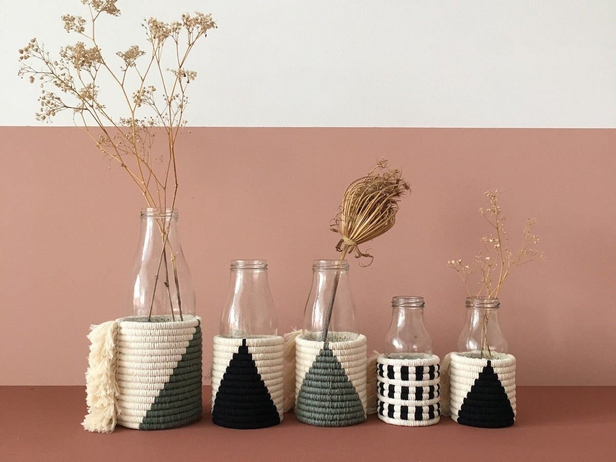 Fiber art vases with geometric details