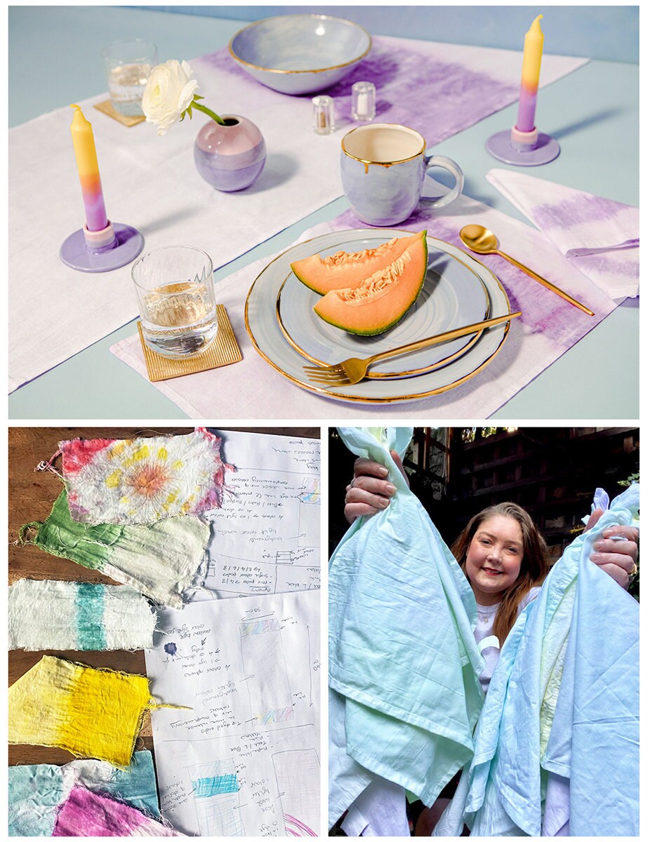 A collage of three images. Clockwise from top: A table set with ombre linens; the maker holding their napkins; a work-in-progress shot.