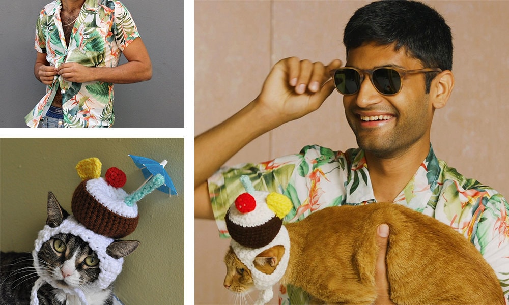 A collage of items needed for a "spring breakers" cat + human Halloween costume.