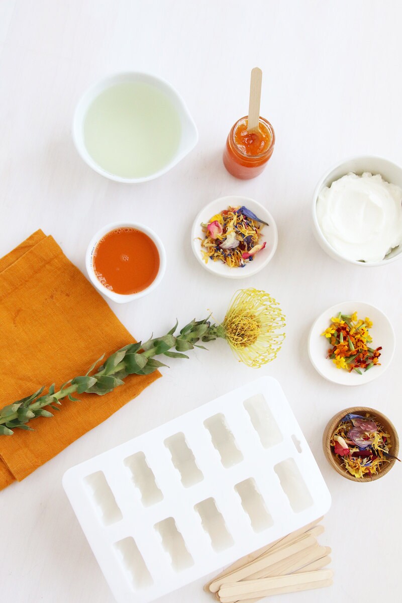 A flat lay of all the materials needed to create DIY flower-petal infused popsicles.