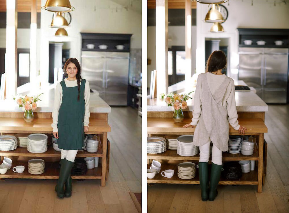 Forest green and oatmeal linen aprons from Salt Shop Handmades