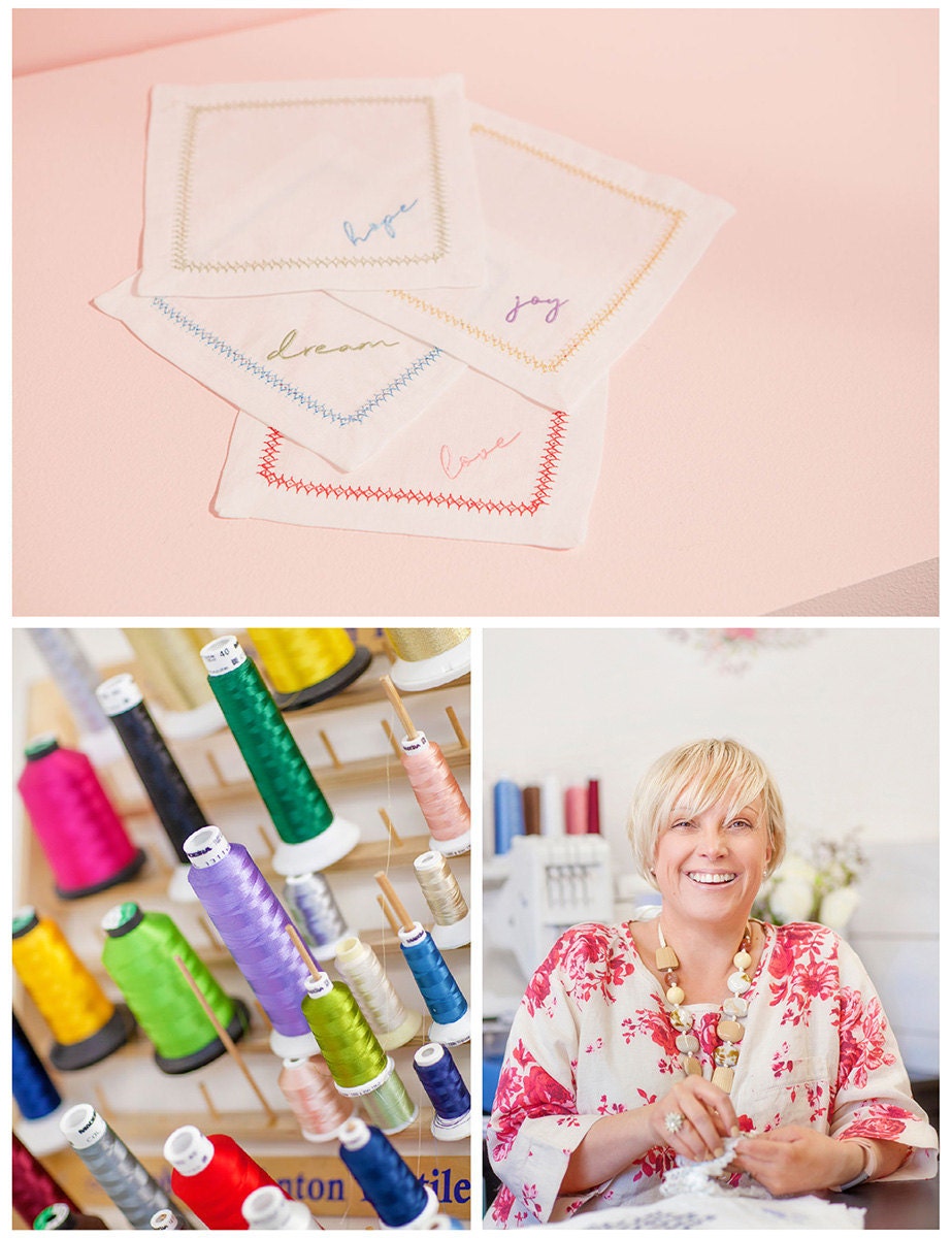 A collage of three images. Clockwise from top: Embroidered napkins; the maker; threads in the studio.