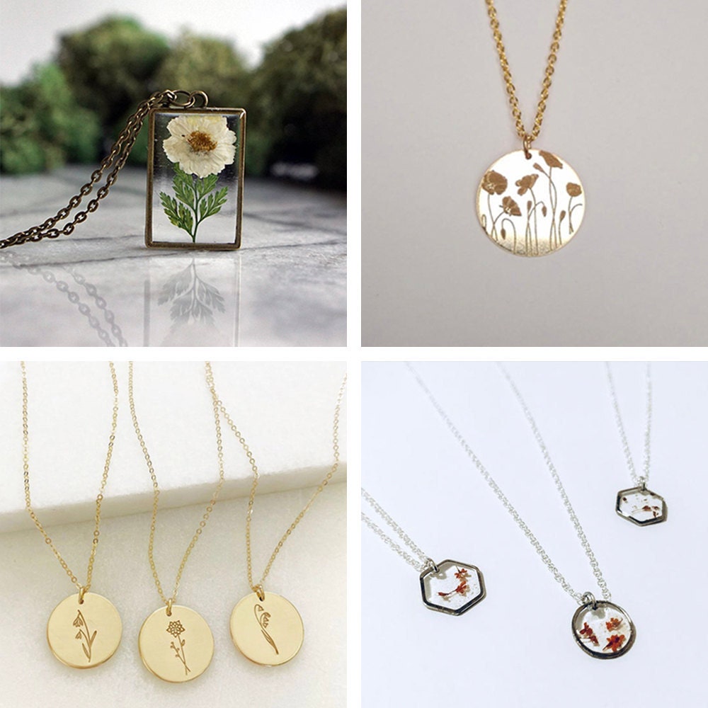 A collage of birth flower necklaces available on Etsy