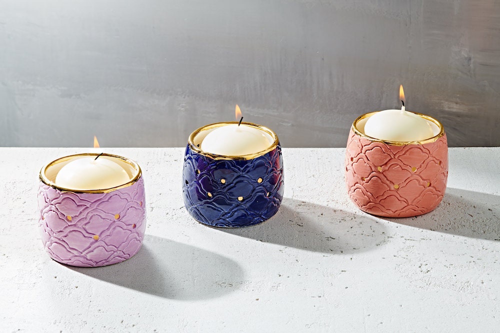 Navy, pink, and lavender tea lights from Samantha Booth Art