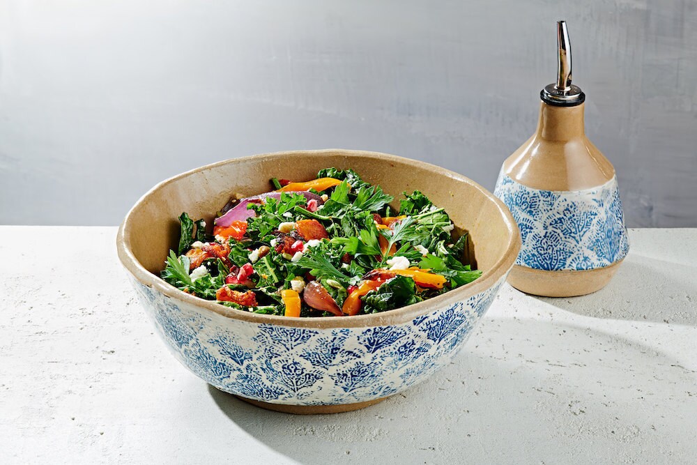 Stoneware serving bowl and oil bottle from Claylicious