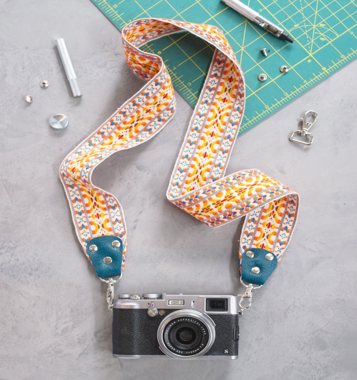 Finished DIY camera strap, shown attached to a vintage camera