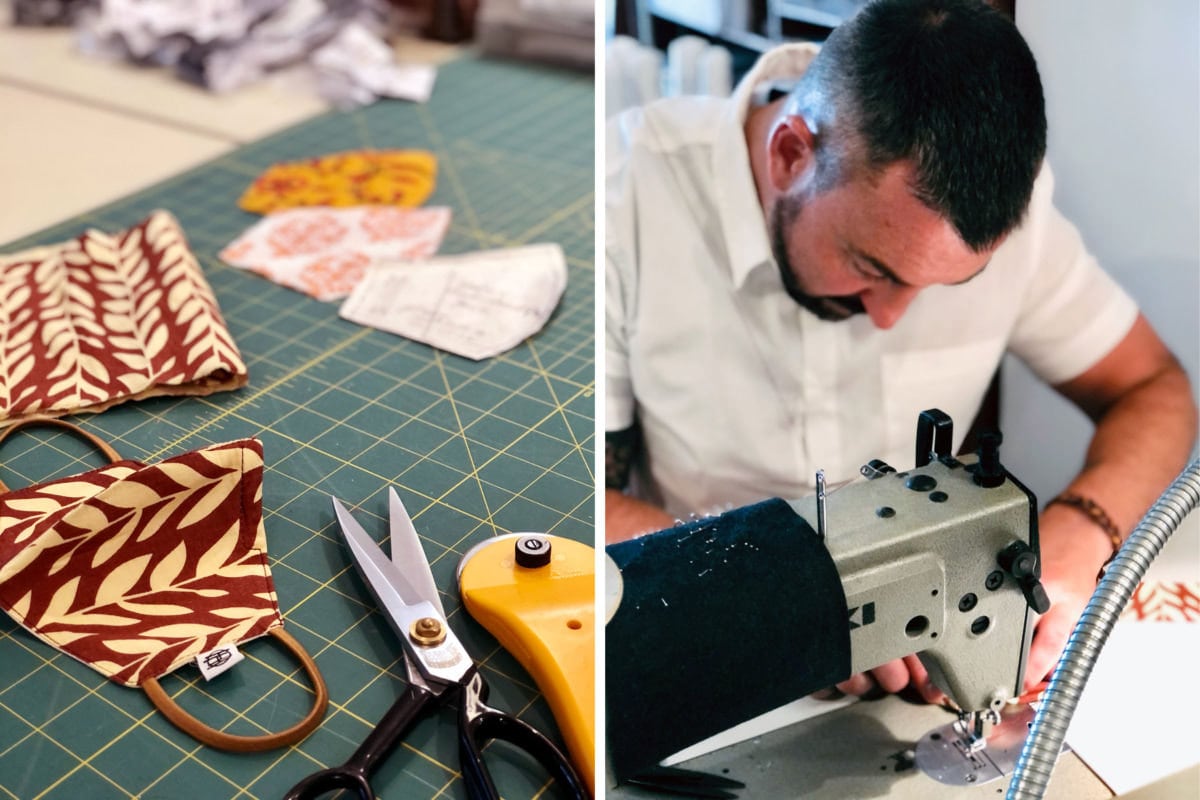 Designer Eden Slezin makes face masks on a sewing machine.