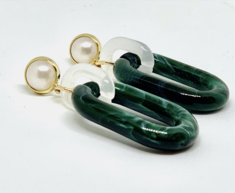 Green and gold hoop dangle earrings from Vintage Royalty.