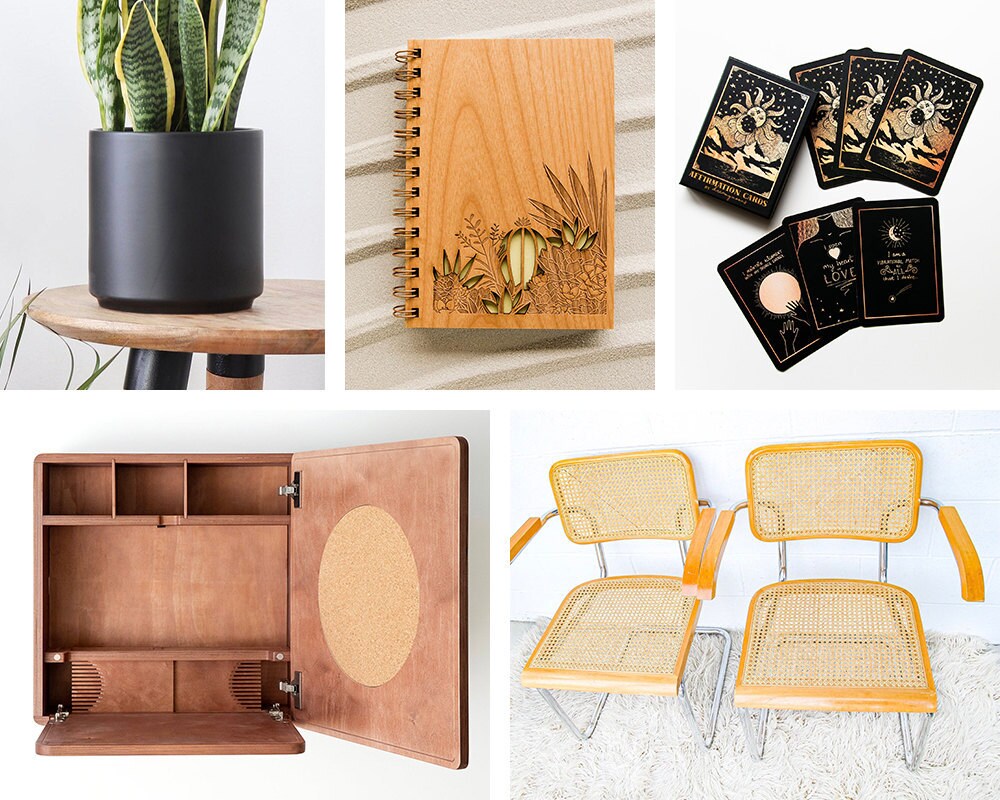 A collage of home office supplies and decor from the Real Simple Home, available to purchase on Etsy.