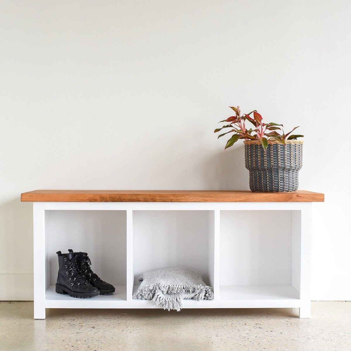 Entryway bench with storage cubbies from What WE Make