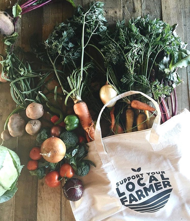 "Support Your Local Farmer" zipper tote bag from Nature Supply Co., overflowing with vegetables