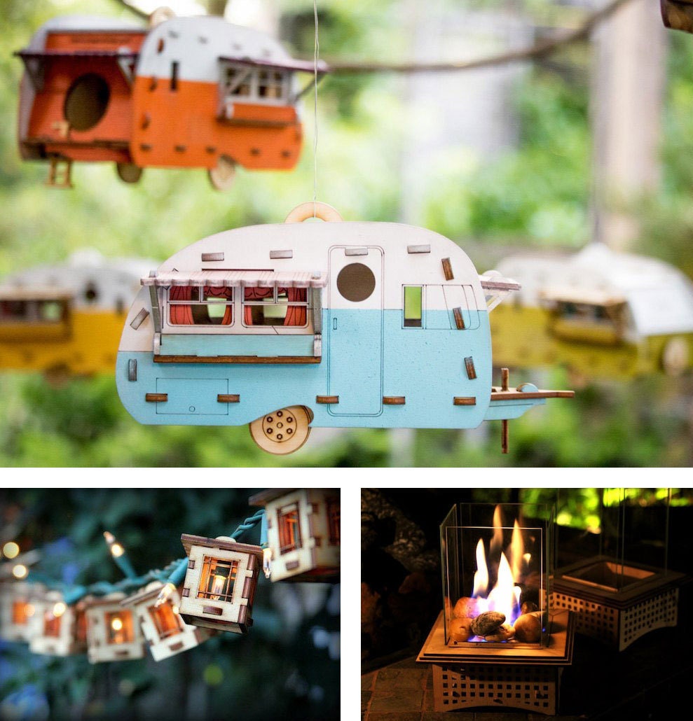 Birdhouse camper kit, tabletop fireplace kit, string light kit, all from One Man, One Garage