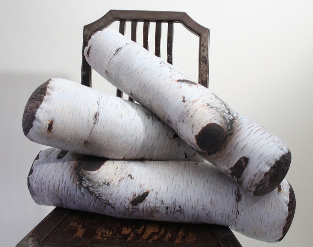 Birch log-printed pillows from Etsy seller Plantillo