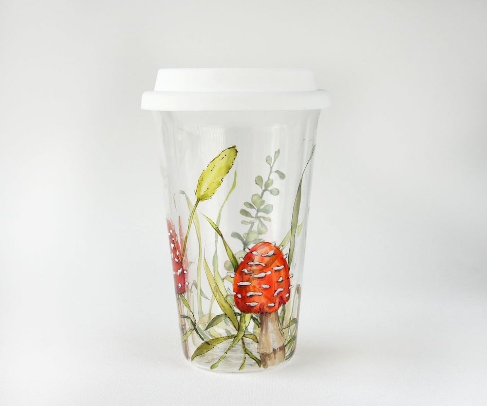 Glass travel mug from Yevgenia Davidoff Artwares