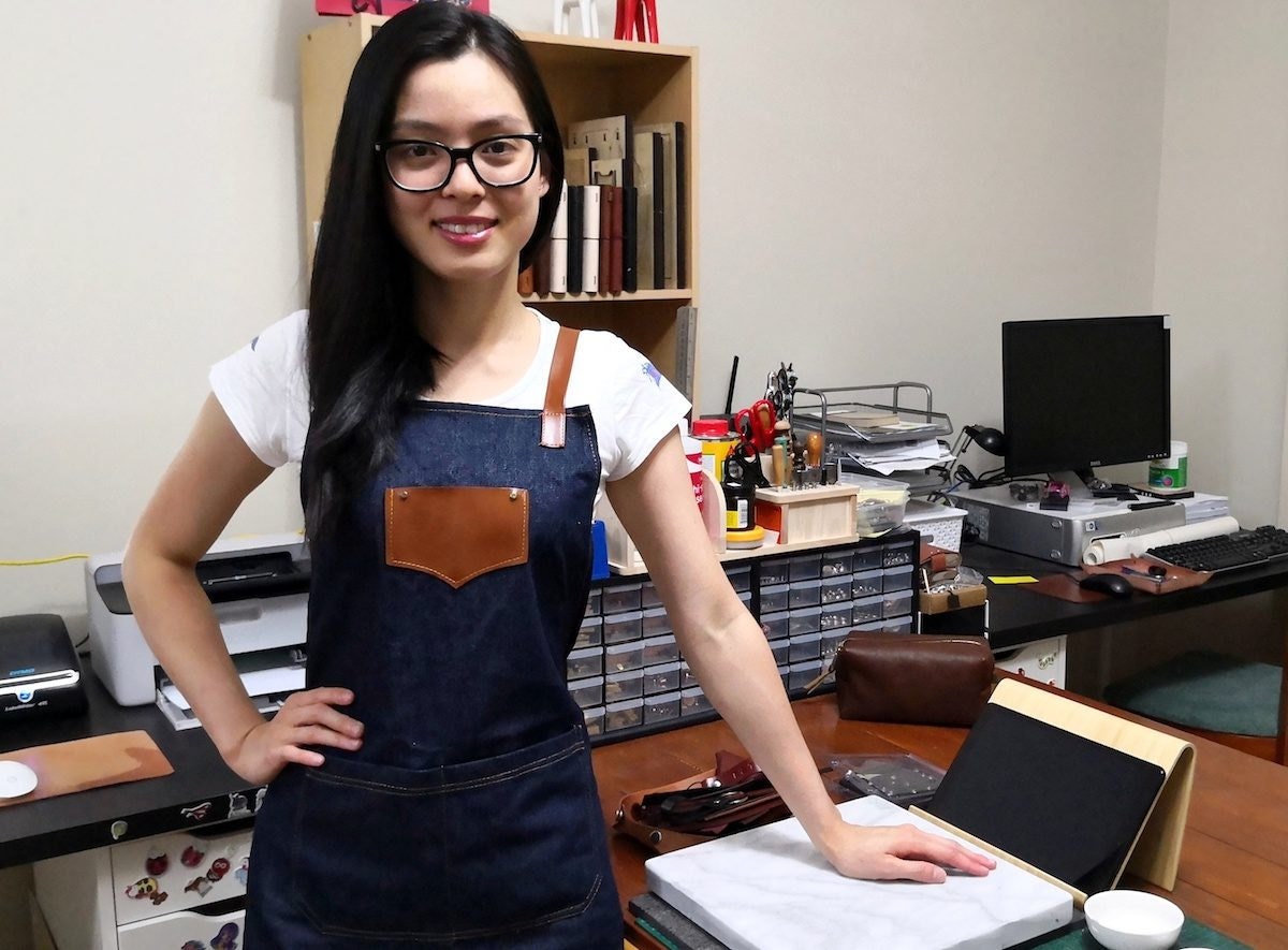 Portrait of Vantler Leather designer Pauline VanHouten in her home studio