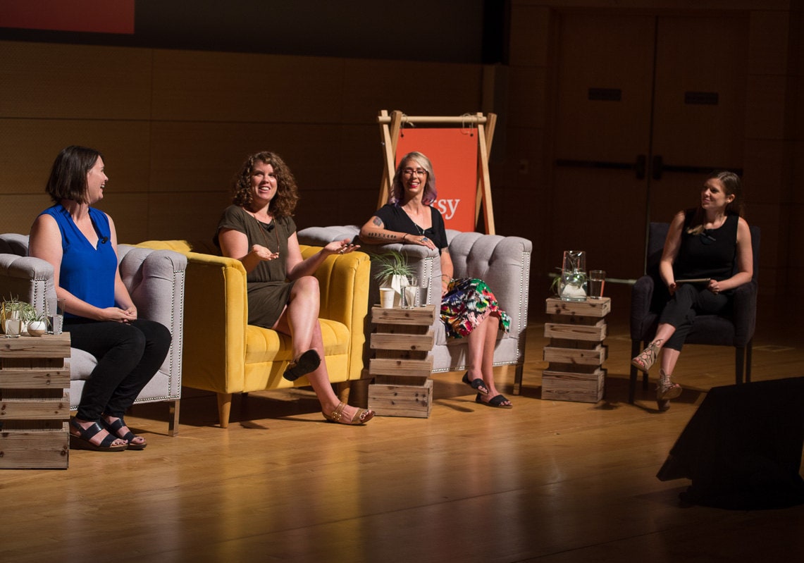 Erin Dollar of Cotton and Flax, Jahje Ives of Baby Jives Co., and Cassie Uhl of Zenned Out discuss social media tips with Etsy’s Seller Social Media Manager Jessica Ulrich at the Etsy Up Conference. Photo by Erik Valind.