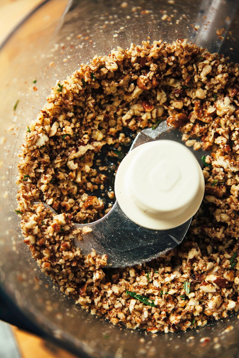 Pecan topping mixture pulsed into a slightly wet crumble