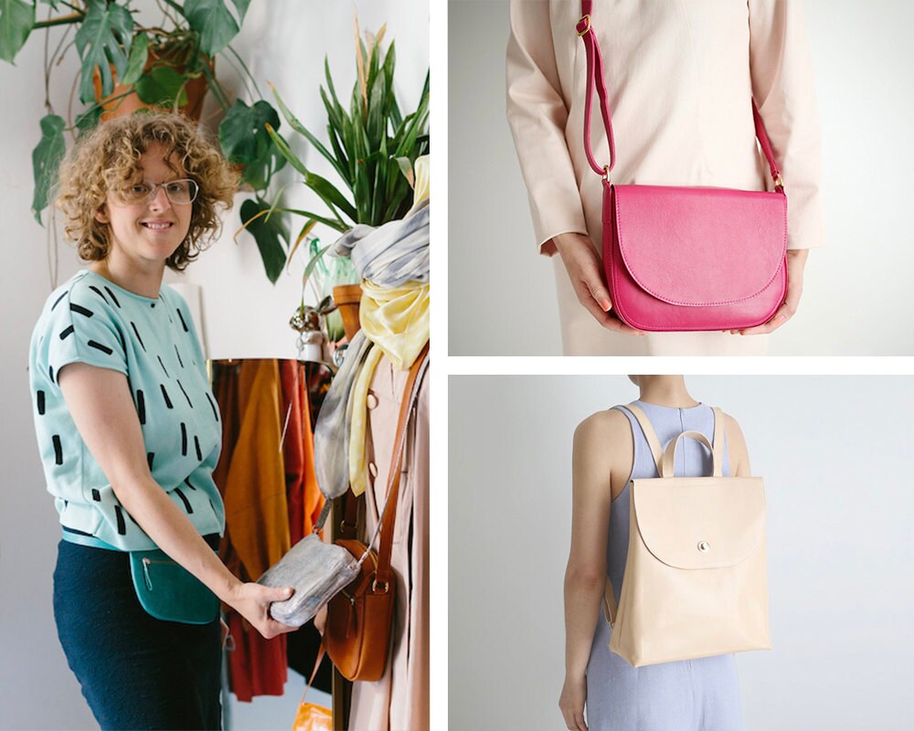 Portrait of accessories designer Alex Bender collaged alongside some of her colorful handbag designs.