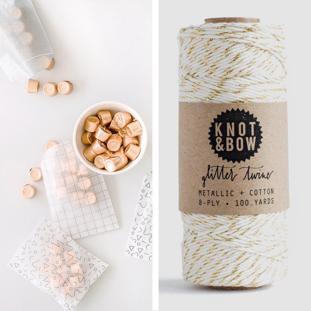 A collage of glassine bags and baker's twine from Knot & Bow
