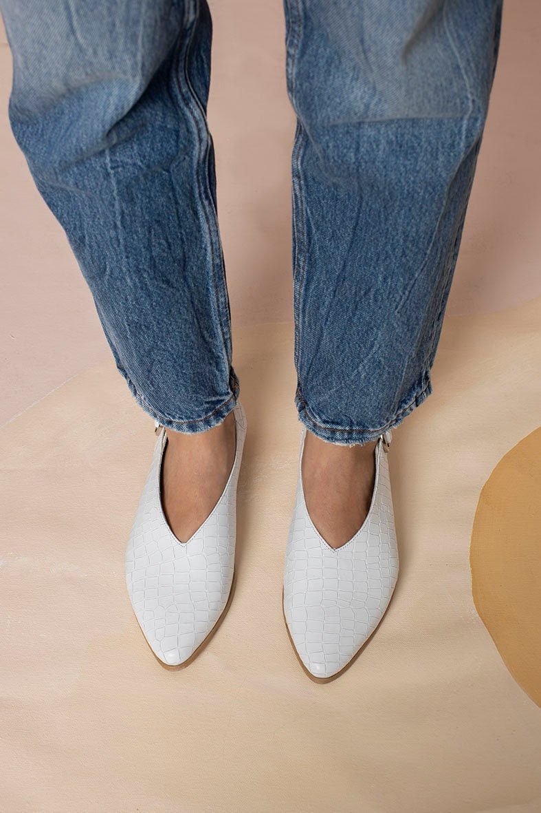 White snake-print leather flats from Katz and Birds
