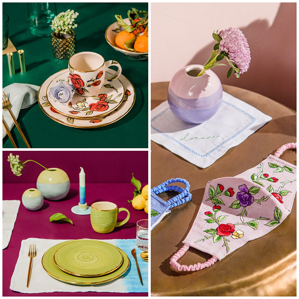 A collage of three images. From top left: rose dishes; a bud vase and embroidered flower mask; a place setting with green dishes and ombré blue table linens.