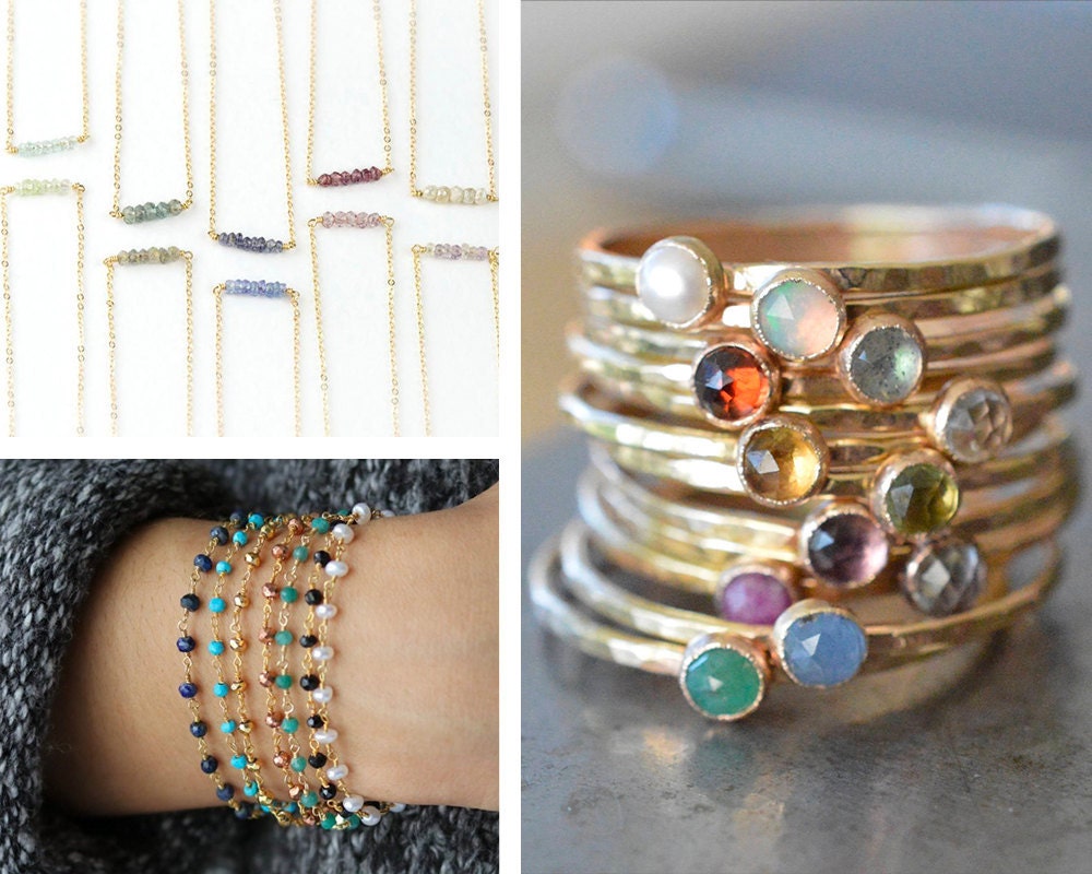 A collage of stacking necklaces, bracelets, and rings from Etsy