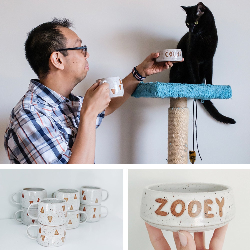 A collage of a man and his cat modeling their matching mug and cat bowl