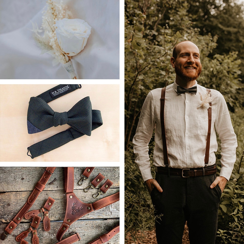 A collage of Chris's lapel pin, tie, and suspenders, available to shop on Etsy.