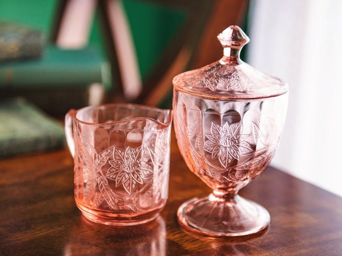 Pink Depression glass creamer and candy jar