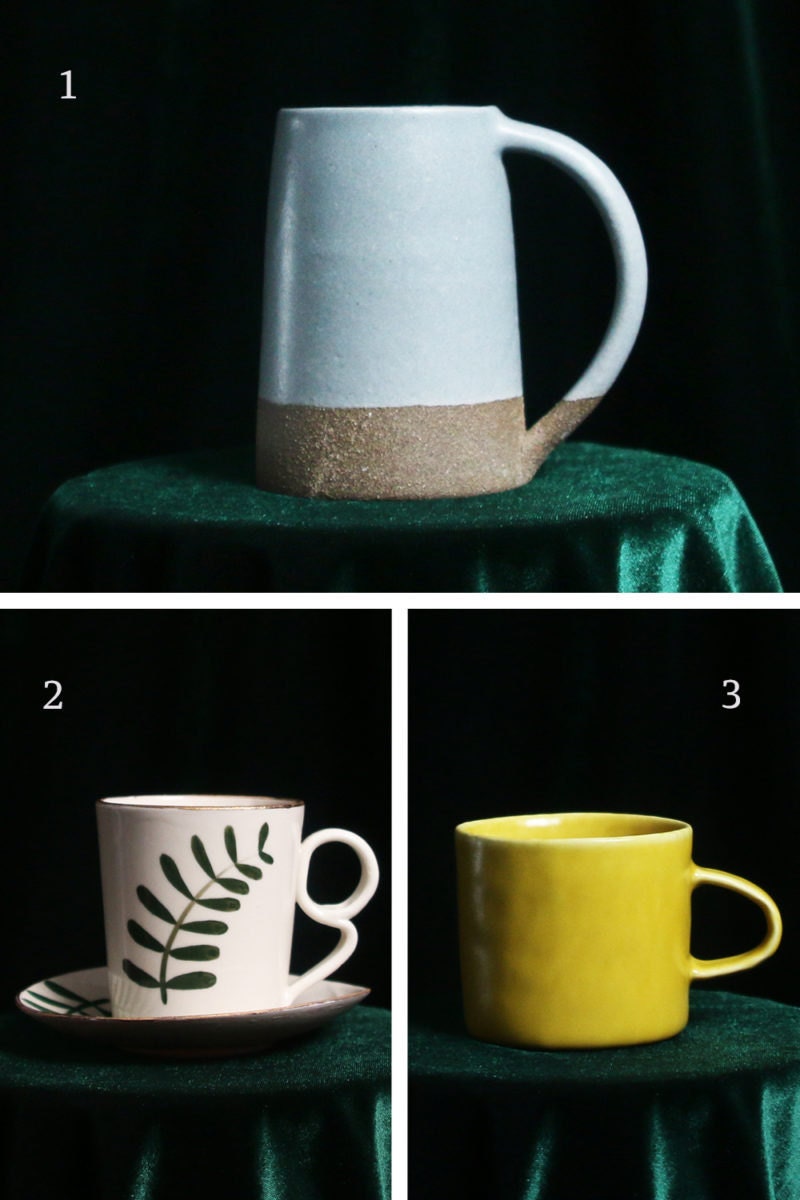 A collage of mugs for earth signs, including a sensible stoneware mug for Capricorn, a painted cup and saucer for Taurus, and a practical yellow mug for Virgo.