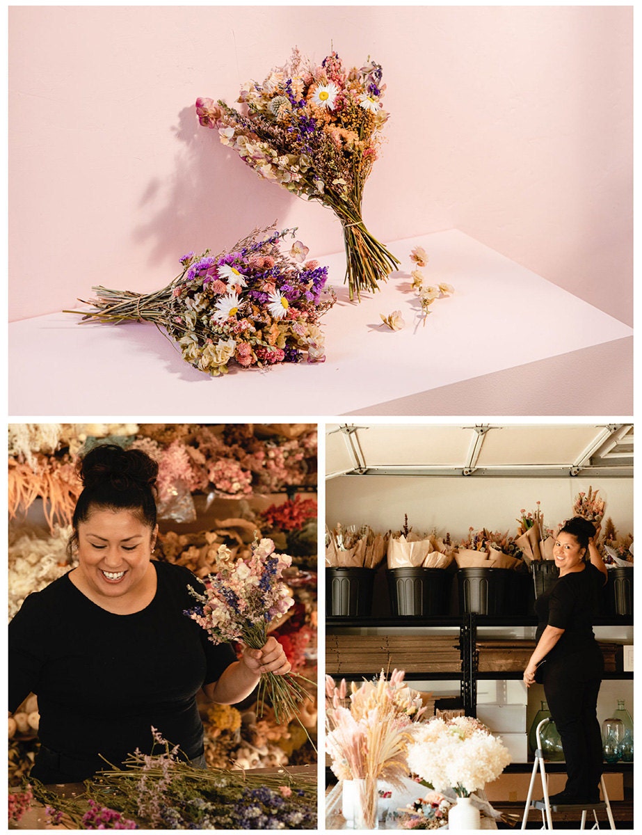 A collage of three images. Clockwise from top: Dried flower bouquets; the maker in their studio; a work-in-progress shot.