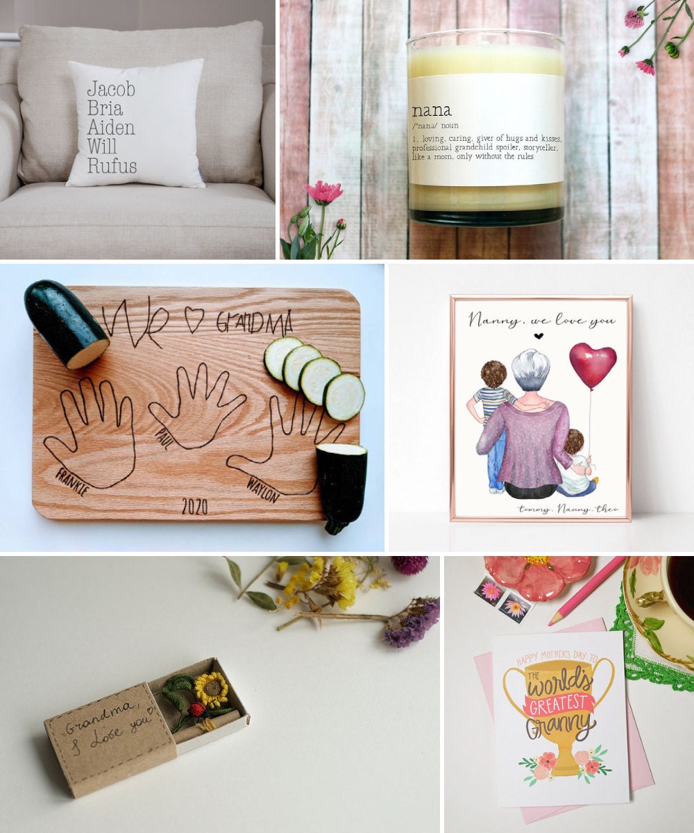 An assortment of 6 Mother's Day gifts for grandmas available on Etsy, including cards, custom cutting boards, candles, personalized portraits, and more.