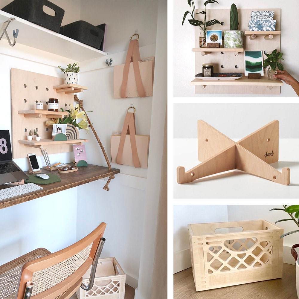 A collage of wooden storage solutions available on Etsy