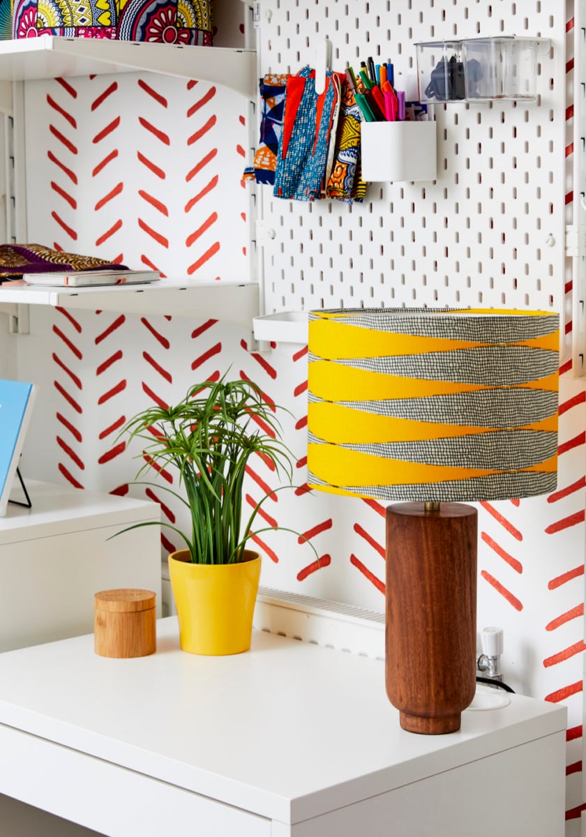 An inspiring nook in Natalie's home studio in London, outfitted with one of her yellow lampshades.