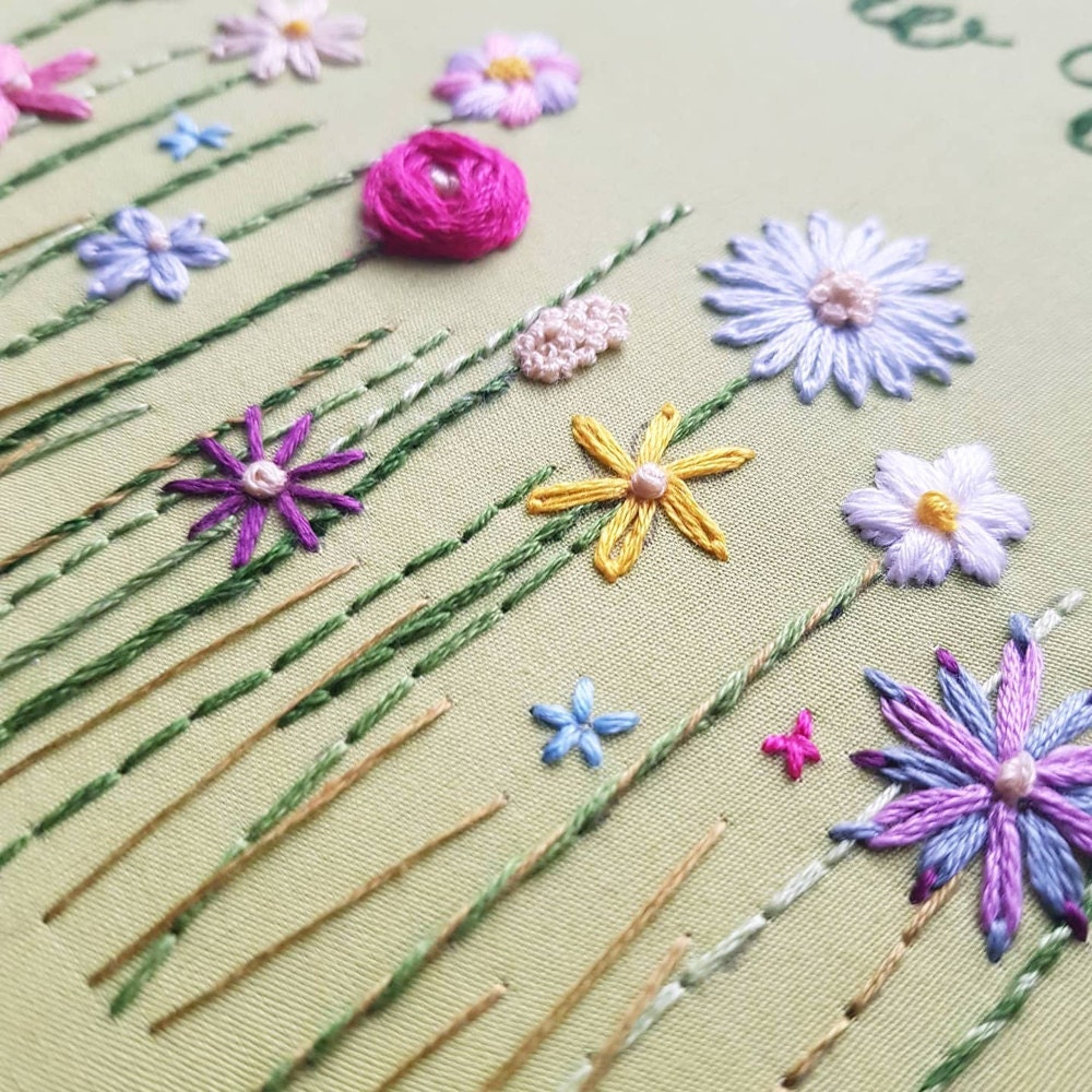 A closeup of embroidered florals