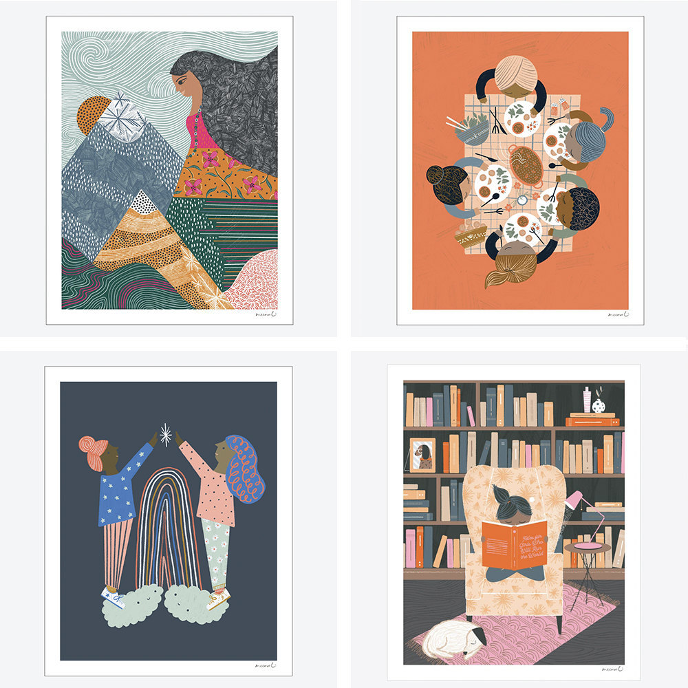 Assorted illustrated prints from Meenal Patel Studio