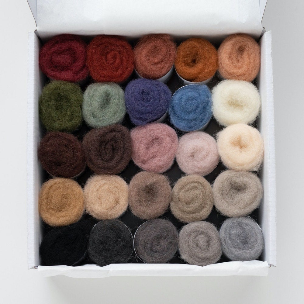 A box of 25 needle felting wool colors from Felted Sky