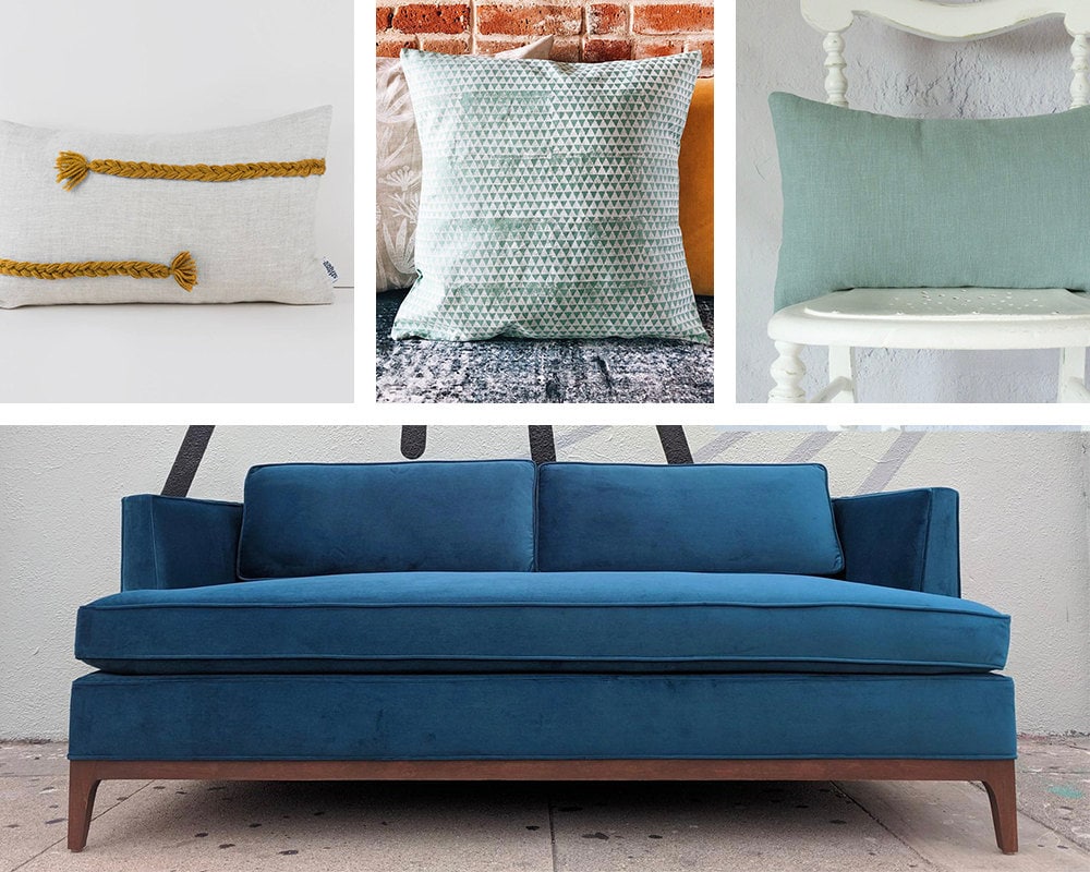 A collage of the couch and various throw pillows used in Etsy's room for the Real Simple Home, available to purchase on Etsy.