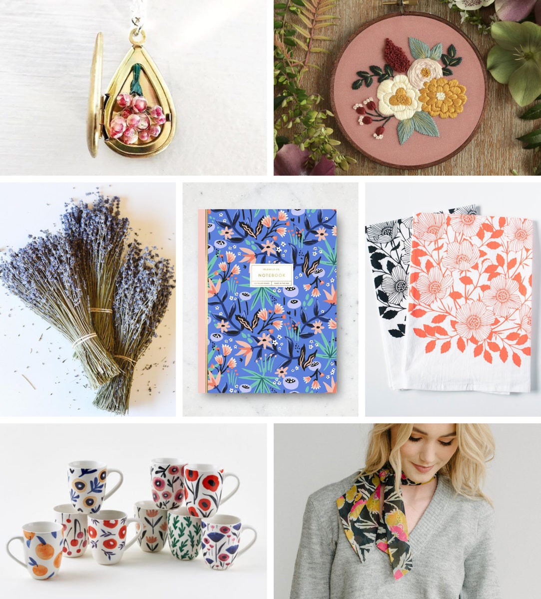A collage of floral-themed finds from Etsy