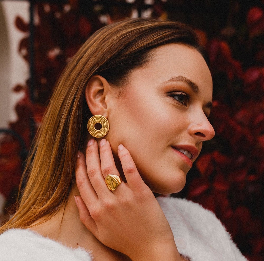 Modern disc earrings from V Christina Collection.