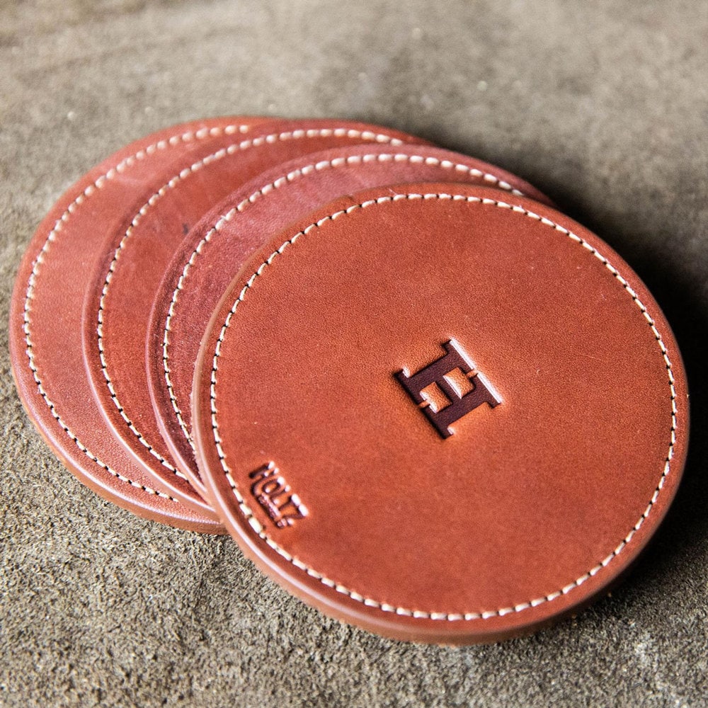 Monogrammed leather coasters from Holtz Leather Co.
