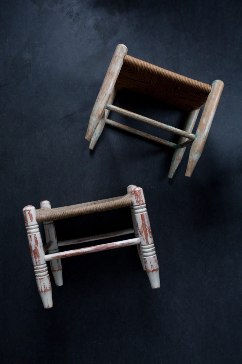 Original vintage stools with woven seats, ready to be upcycled