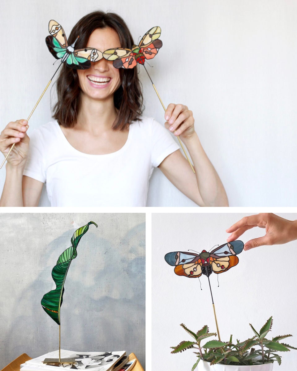 Portrait of stained-glass artist Elena Zaycman collaged with a few of her nature-inspired designs.