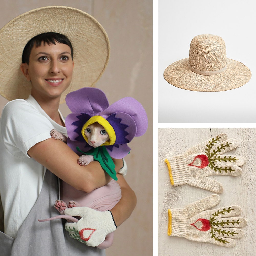 A collage of items needed for a "plant parent" cat + human Halloween costume.