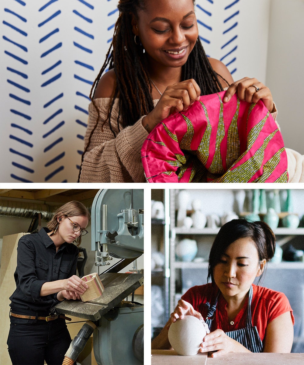 A collage of sellers working on their various crafts.