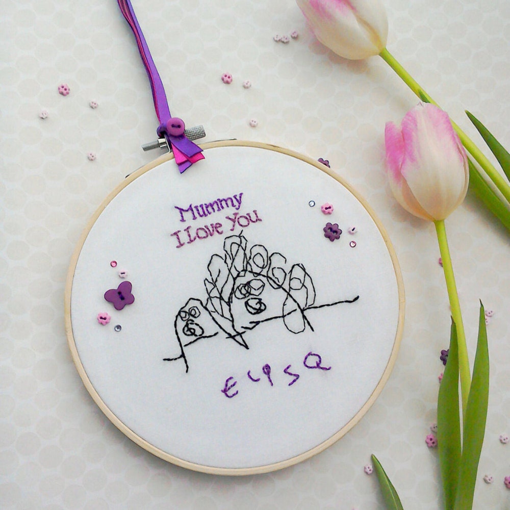 Personalized kids' drawing embroidery art from Natalie Gaynor Designs