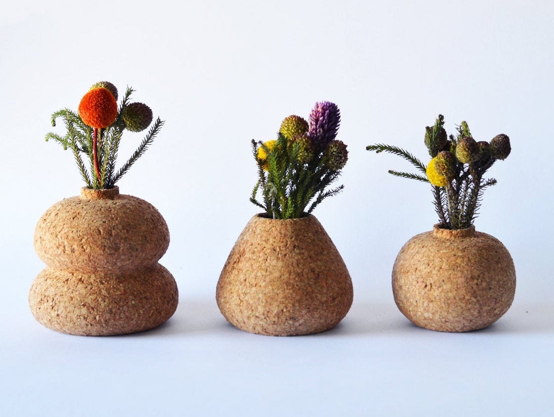 Three cork bud vases in assorted shapes from Melanie Abrantes